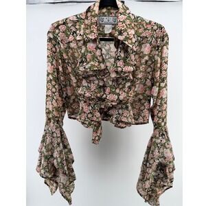 Vintage 90s Floral Tie Front Crop Top Bell Sleeve Ruffle Festival Boho NC17